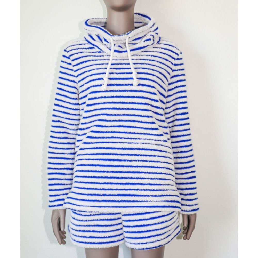 Blue White Stripe Hoodie Shorts Set Small Cozy Lounge Pajama Nautical Plush Fall